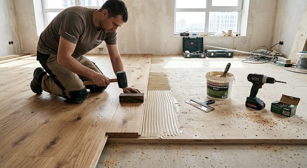 Монтаж массивной доски в палубной укладке
